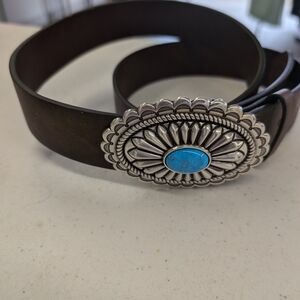 Brown Leather Belt with Silver and Turquoise Buckle